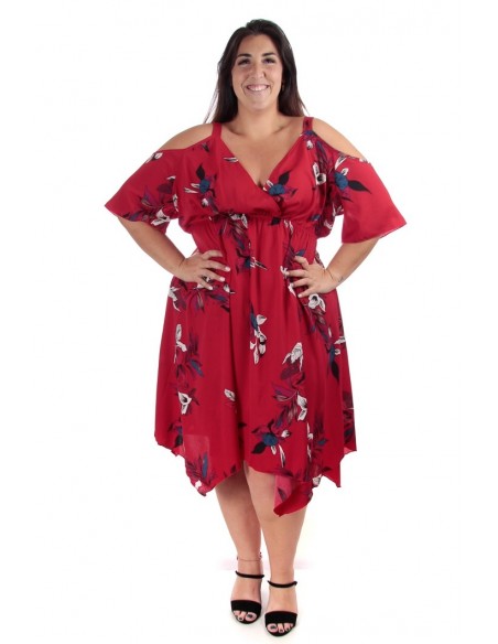 Outlet: vista frontal vestido rojo sexy hombro descubierto tallas grandes outlet