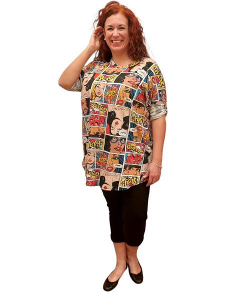 Camiseta Larga Estampado Cómic con Bolsillos - Moda Tallas Grandes