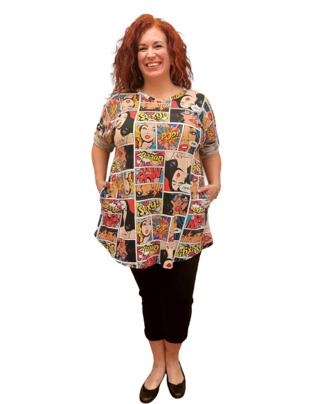 Camiseta Larga Estampado Cómic con Bolsillos - Moda Tallas Grandes