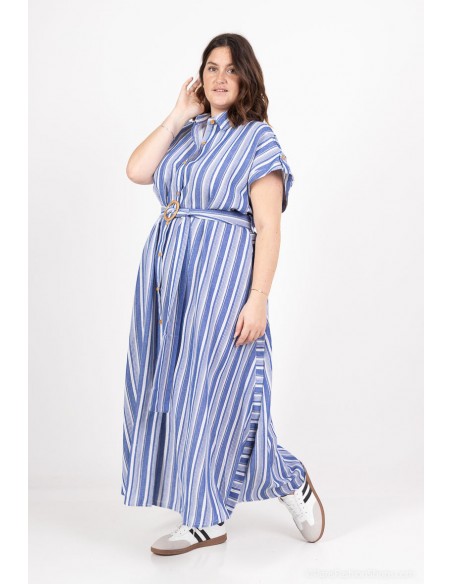 Vestido Largo Camisero de Rayas - Azul y Blanco para Tallas Grandes