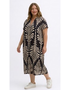 Vestido midi tallas grandes estampado hojas blancas y negras para mujer curvy. 2